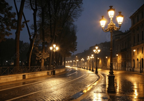 Straat in de avond met straatverlichting